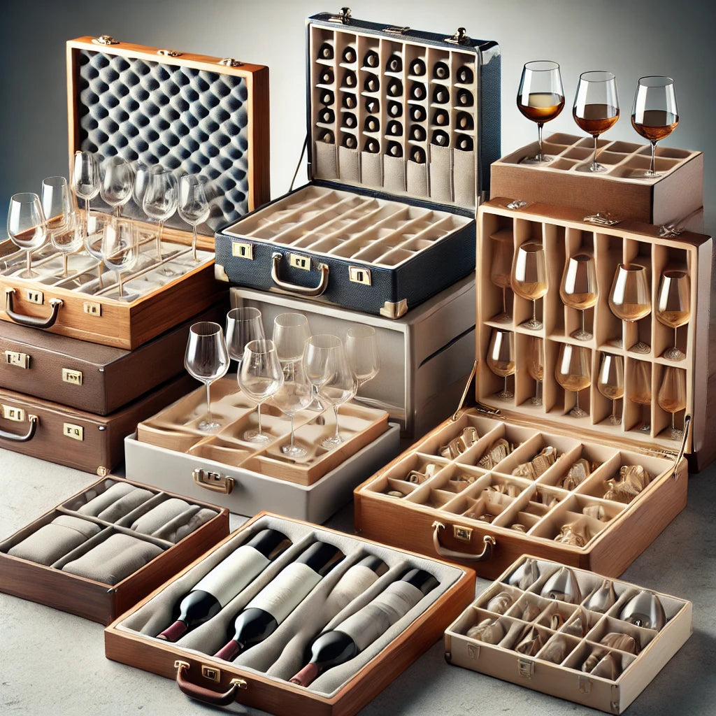 A variety of high-quality wine glass storage boxes, including elegant wooden cases, cushioned fabric-lined boxes, and durable plastic containers, each with compartments designed to securely hold and protect wine glasses