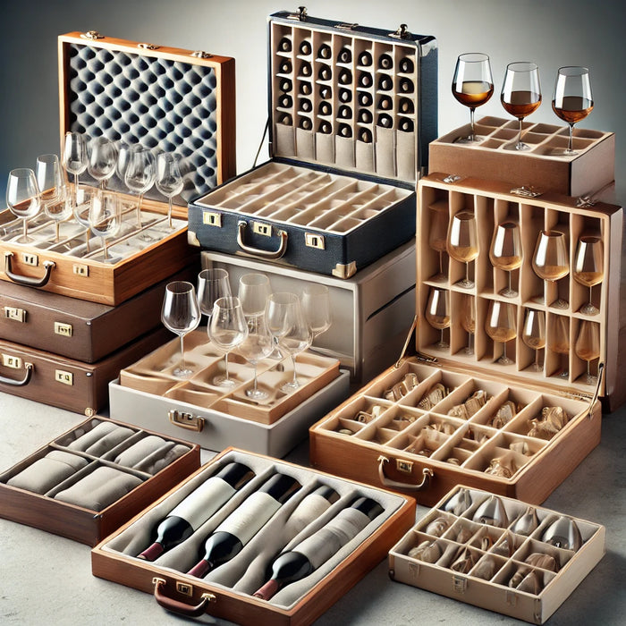 A variety of high-quality wine glass storage boxes, including elegant wooden cases, cushioned fabric-lined boxes, and durable plastic containers, each with compartments designed to securely hold and protect wine glasses