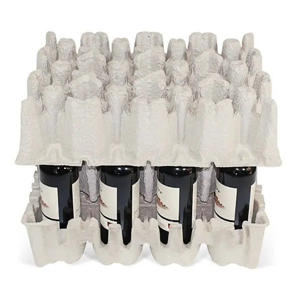 Twelve bottle stand up wine shipper kit with molded pulp trays and outer shipping box for secure and eco-friendly wine bottle shipping