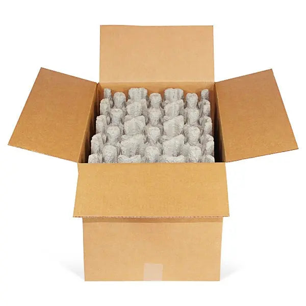 Twelve bottle stand up wine shipper kit with molded pulp trays and corrugated cardboard box for secure shipping