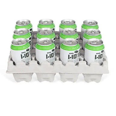 Twelve 12 can beer shipper with two molded pulp trays holding beer cans securely for safe shipping