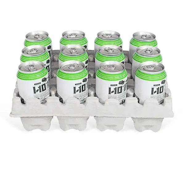 Twelve 12 can beer shipper with two molded pulp trays holding beer cans securely for safe shipping