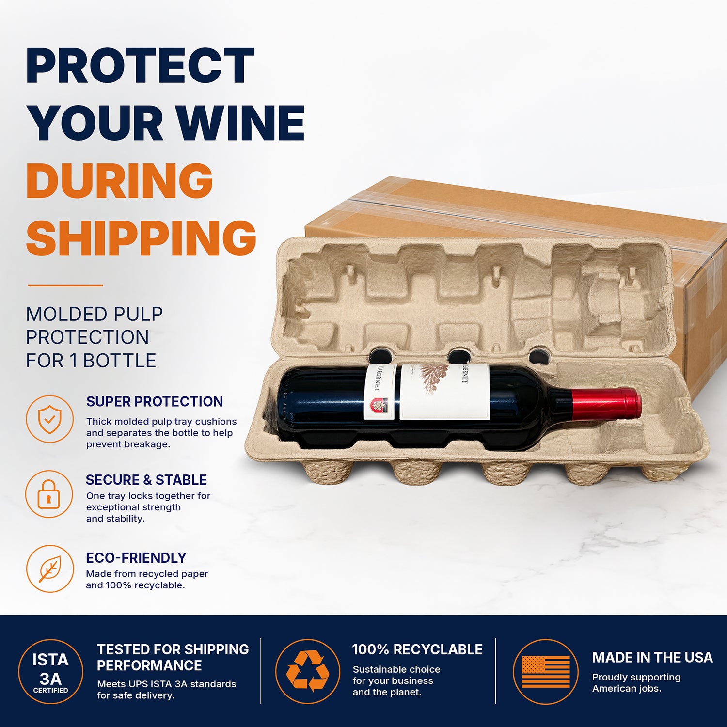 Protect your wine during shipping. Molded pulp protection for 1 bottle.