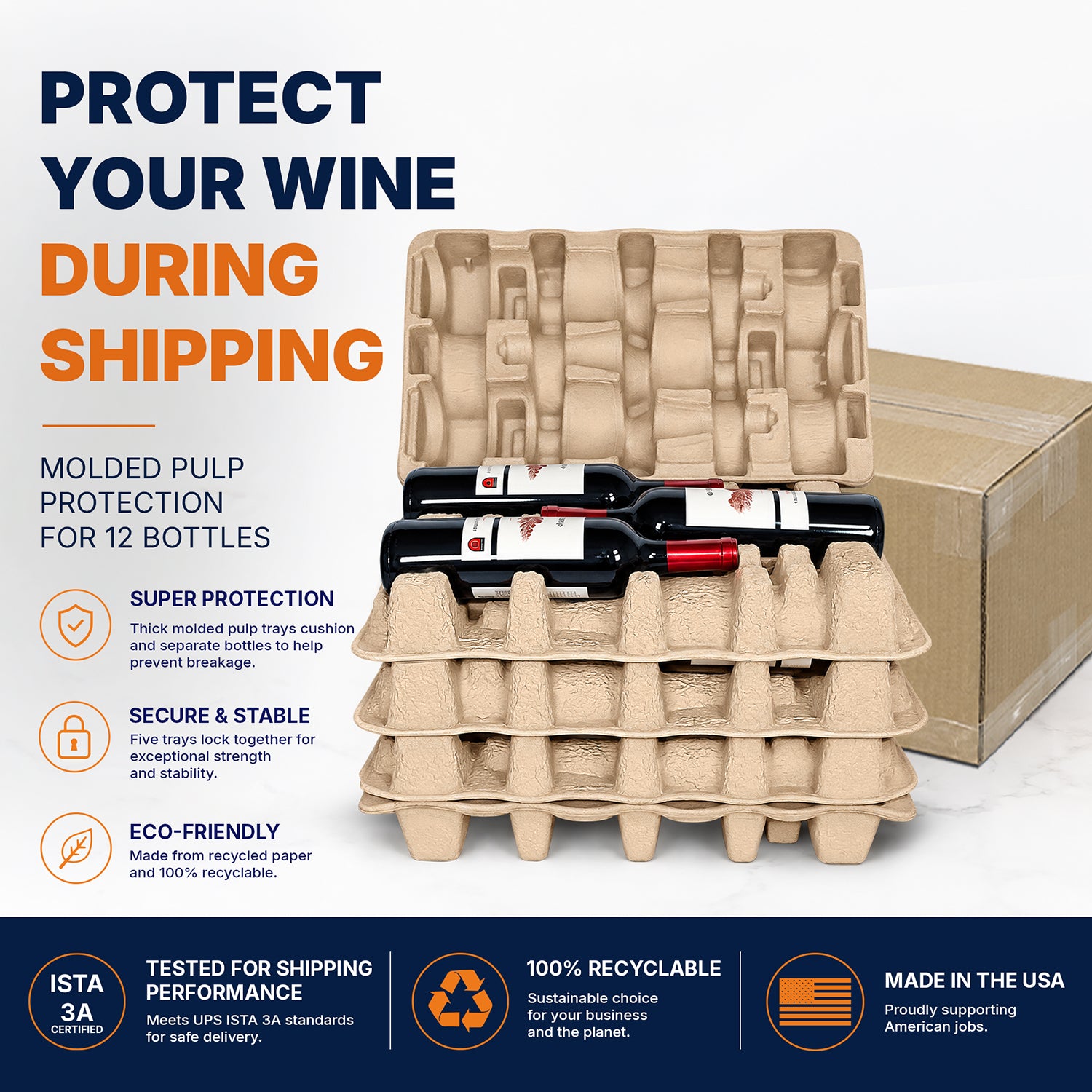 Molded pulp trays protecting twelve wine bottles