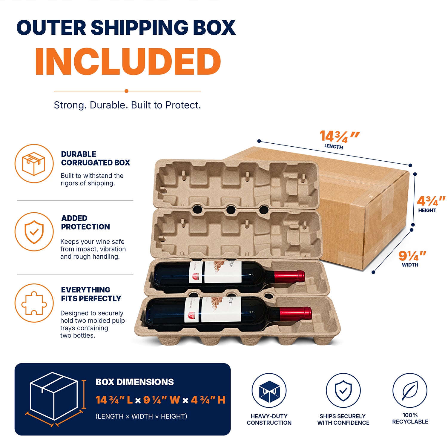 Outer shipping box for two-bottle pulp wine shipper