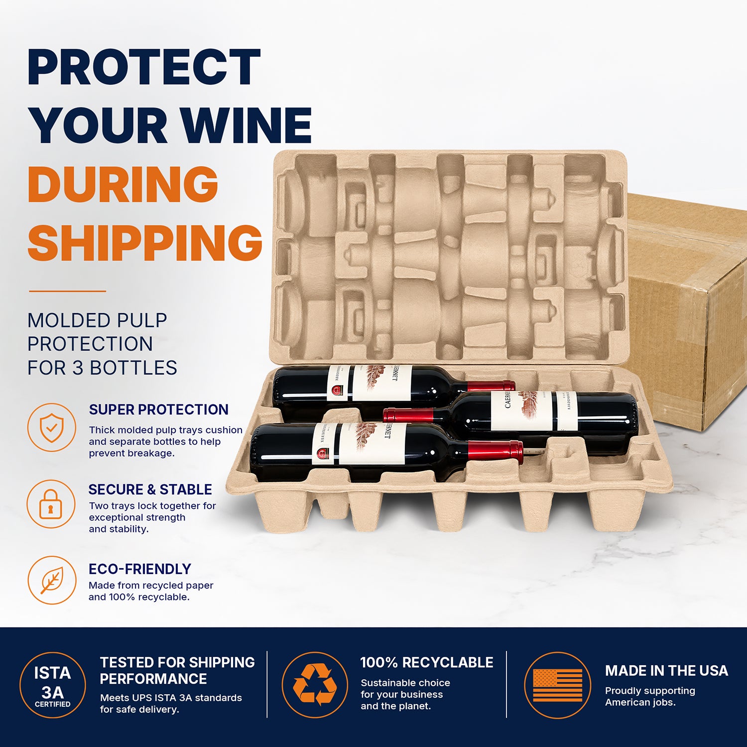 Molded pulp trays protecting three wine bottles