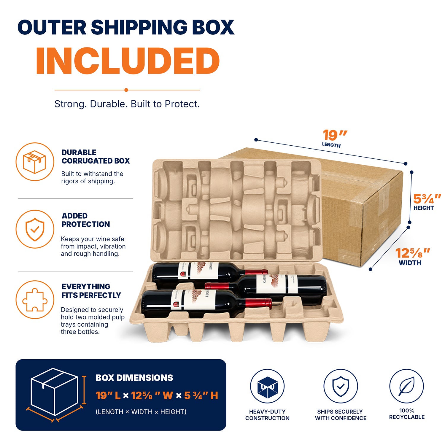 Outer shipping box for three-bottle pulp wine shipper