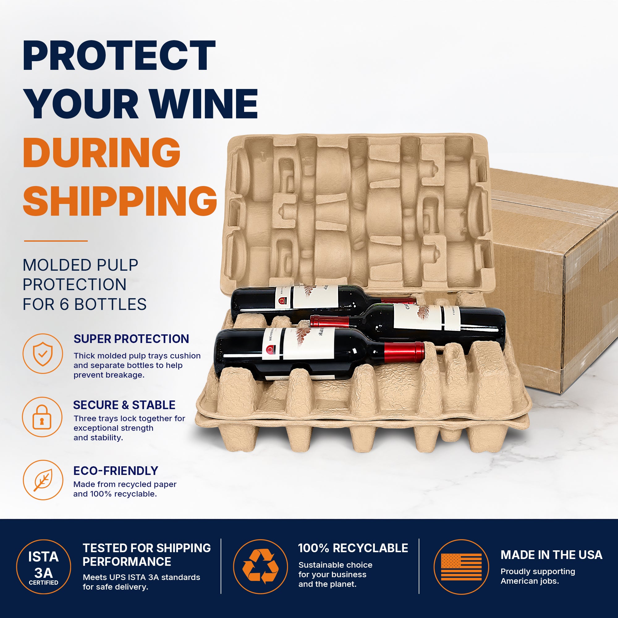 Molded pulp trays protecting six wine bottles