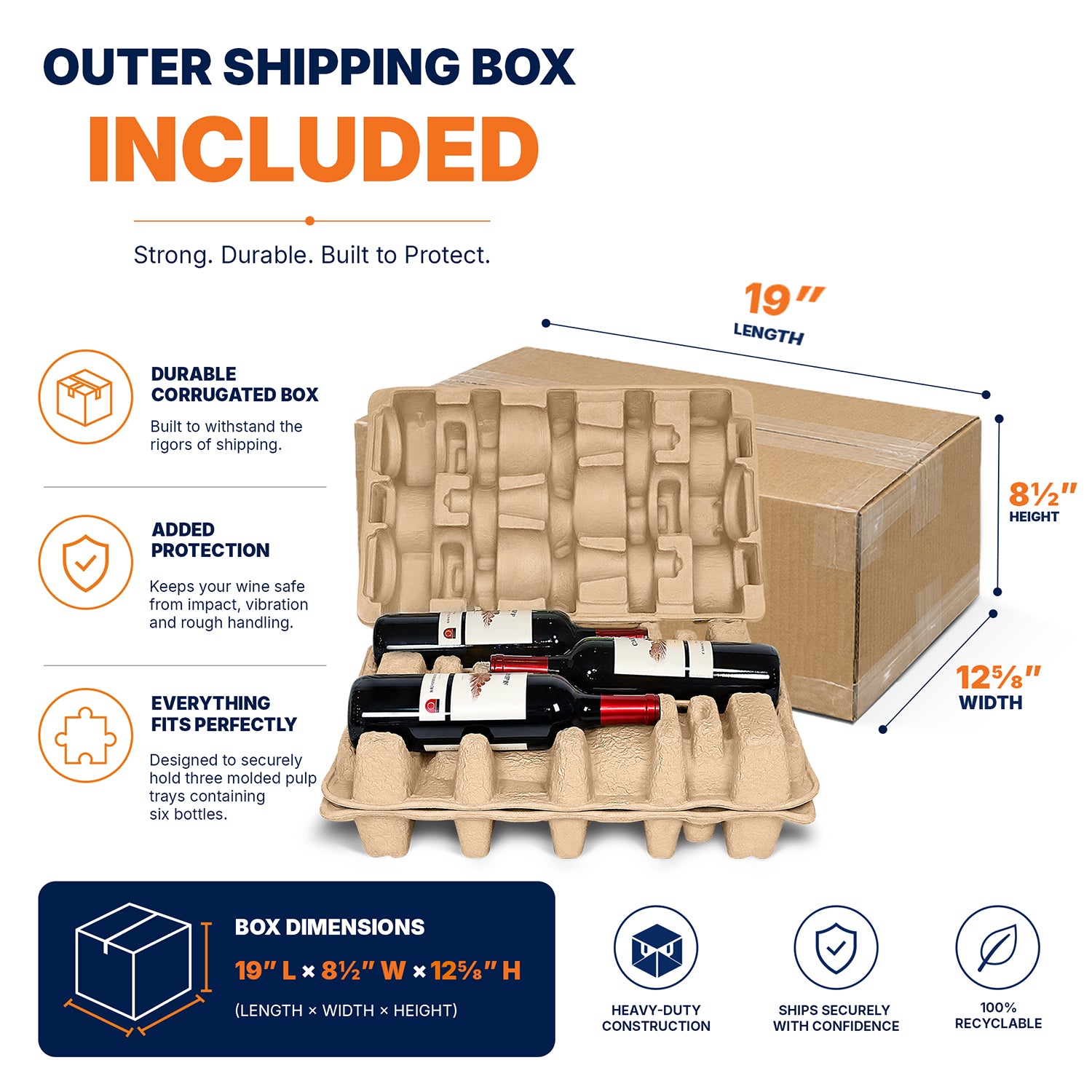 Outer shipping box for six-bottle pulp wine shipper