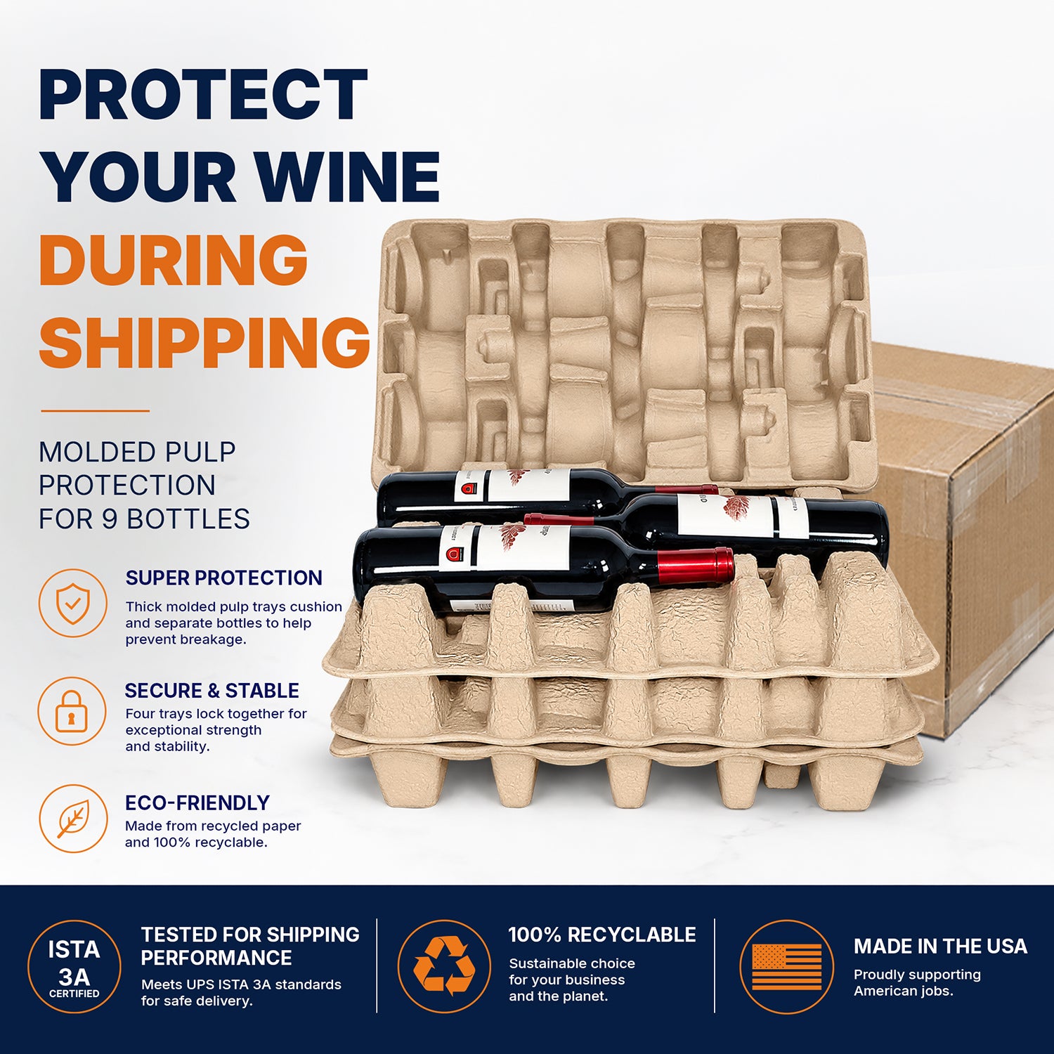 Molded pulp trays protecting nine wine bottles