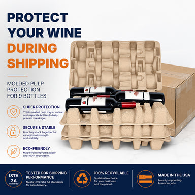 Molded pulp trays protecting nine wine bottles