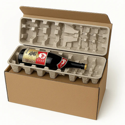Magnum Pulp Shipper Kit with molded pulp clamshell tray holding a magnum bottle inside a corrugated outer shipping carton
