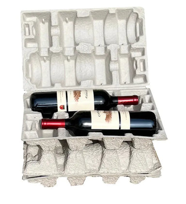 Clamshell Four (4) Bottle Wine Shippers - Kit - 2 pulp shipping trays & 1 outer shipping box Molded Pulp Packaging