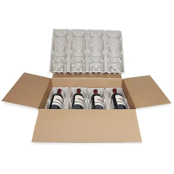 Four (4) Bottle Wine Shippers (Flat) - Kit - 4 pulp shipping trays & 1 outer shipping box Molded Pulp Packaging