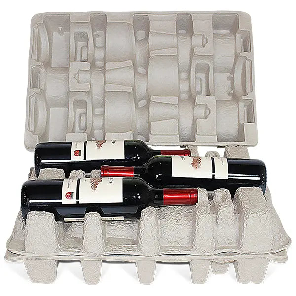 Six (6) Bottle Wine Shippers - Kit - 3 pulp shipping trays & 1 outer shipping box Molded Pulp Packaging