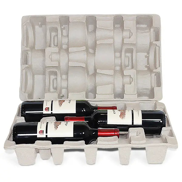 Three (3) Bottle Wine Shippers - Kit - 2 pulp shipping trays & 1 outer shipping box Molded Pulp Packaging