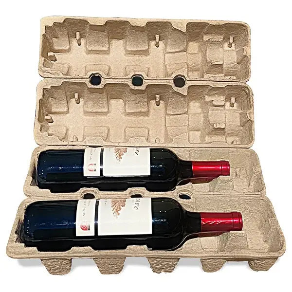 Two (2) Bottle Wine Shippers - Kit - 2 pulp shipping trays & 1 outer shipping box Molded Pulp Packaging